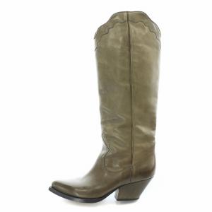 ロングウエスタンブーツ ロングブーツ ポインテッドトゥ チャンキーヒール レザー 37 24cm カーキ