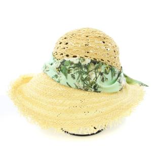 リボン ラフィアハット 麦わら帽子 総柄 ベージュ 緑 ミントグリーン /TK OF