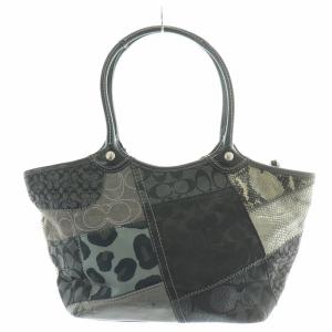COACH トートバッグ ハンドバッグ シグネチャー パッチワーク レザー スエード 切替 ロゴチャーム 黒 ブラック グレー 12899
