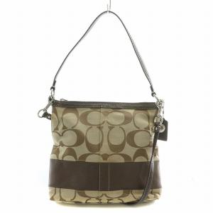 2WAY ショルダーバッグ ワンショルダー シグネチャー キャンバス レザー 切替 ロゴチャーム 茶 ブラウン ベージュ F13674