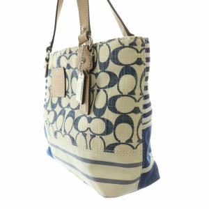 COACH ハンドバッグ キャンバス 切替 シグネチャー ロゴチャーム ボーダー柄 ベージュ 紺 ネイビー F49905