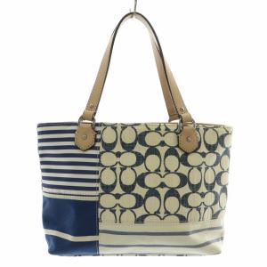 COACH ハンドバッグ キャンバス 切替 シグネチャー ロゴチャーム ボーダー柄 ベージュ 紺 ネイビー F49905