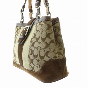 COACH ハンドバッグ キャンバス レザー スエード 切替 シグネチャー ロゴチャーム タッセル 茶 ブラウン ベージュ 7054
