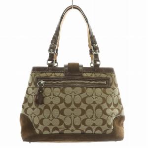 COACH ハンドバッグ キャンバス レザー スエード 切替 シグネチャー ロゴチャーム タッセル 茶 ブラウン ベージュ 7054