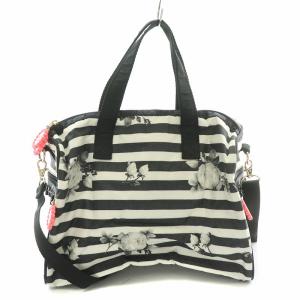 benefit 2WAY ハンドバッグ ショルダーバッグ ボーダー 花柄 ロゴ 黒 ブラック 白 ホワイト