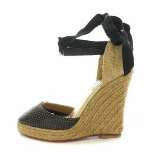 Christian Louboutin ストラップパンプス ラウンドトゥ ウェッジソール エスパドリーユ 切替 リボン 36 23cm ベージュ ゴールド 黒 ブラック