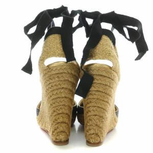 Christian Louboutin ストラップパンプス ラウンドトゥ ウェッジソール エスパドリーユ 切替 リボン 36 23cm ベージュ ゴールド 黒 ブラック