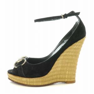 GUCCI ストラップサンダル アンクル ホースビット ウェッジソール エスパドリーユ スエード 装飾 34.5 21.5cm