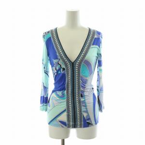 ニット カットソー 七分袖 Vネック ストレッチ 柄 34 XS 青 ブルー 水色 ライトブルー