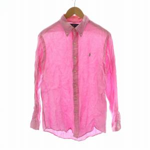 ボタンダウンシャツ 長袖 ポニー ロゴ刺繍 麻 リネン100％ CUSTOM FIT カスタムフィット L ピンク