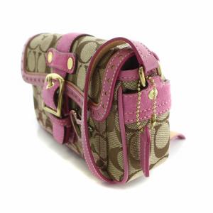 COACH ショルダーポシェットバッグ シグネチャー キャンバス レザー スエード 切替 ロゴチャーム ハート 装飾 茶 ブラウン ピンク