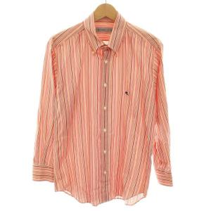 シャツ ボタンフライ 長袖 ストライプ柄 ロゴ刺繍 43 赤 レッド オレンジ /YT H