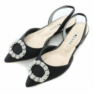 バックストラップパンプス ポインテッドトゥ ローヒール ビジュー 装飾 編み込み 22cm 黒 ブラック