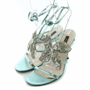 メタリックレースアップサンダル ストラップ ラウンドトゥ ハイヒール ビジュー 蝶々 バタフライ 装飾 35 22cm 水色