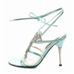 Sergio Rossi メタリックレースアップサンダル ストラップ ラウンドトゥ ハイヒール ビジュー 蝶々 バタフライ 装飾 35 22cm 水色