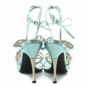 Sergio Rossi メタリックレースアップサンダル ストラップ ラウンドトゥ ハイヒール ビジュー 蝶々 バタフライ 装飾 35 22cm 水色