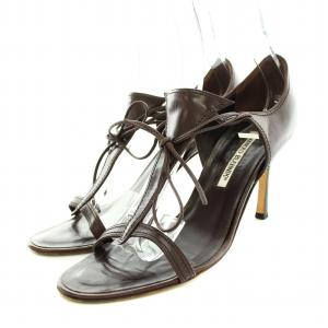 ブラウンTストラップアンクルネクタイスタックヒールレザーサンダル 38.5 25.5cm 茶 ブラウン