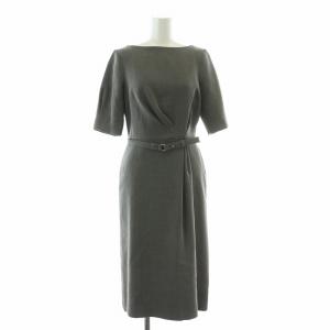 タイトワンピース ひざ丈 半袖 ボートネック 無地 ベルト 36 S グレー /BB H