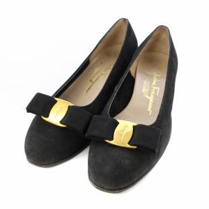 ヴァラ パンプス ラウンドトゥ リボン スエード 7C 24.5cm 黒 /TK H