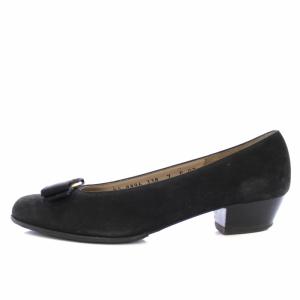 Salvatore Ferragamo ヴァラ パンプス ラウンドトゥ リボン スエード 7C 24.5cm 黒 /TK H