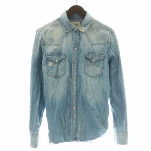 ウエスタンシャツ カジュアル 長袖 レギュラーカラー ダメージ加工 M 水色 ライトブルー /BB GY12