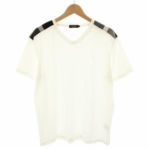 Tシャツ カットソー Vネック 半袖 肩部分チェック コットン LL 白 ホワイト 黒 ブラック 51P10-409-02