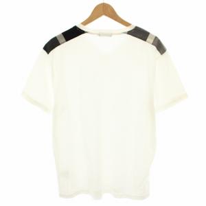 BURBERRY BLACK LABEL Tシャツ カットソー Vネック 半袖 肩部分チェック コットン LL 白 ホワイト 黒 ブラック 51P10-409-02