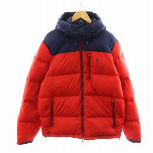 ダウンジャケット フード ロゴ バイカラー アウター L 赤 レッド 紺 ネイビー /AN34 GY12