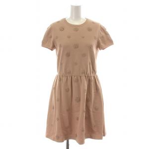 ニットワンピース ひざ丈 フレア 半袖 クルーネック 花柄 シルク M ピンクベージュ MB3KD00032T