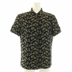 シャツ ブラウス ハイネック 半袖 チャイナ風 花柄 ジャガード織り M 黒 ブラック 白 ホワイト /DK