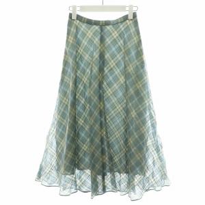 21SS フレアスカート ミモレ ロング チェック シルク混 34 水色 ライトブルー 1021171151061340