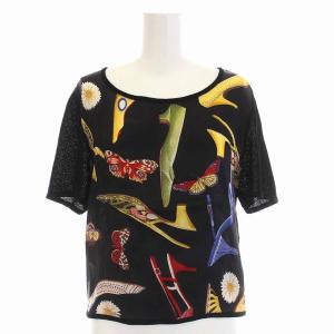 カットソー 総柄 シルク混 切替 半袖 M 黒 ブラック マルチカラー /KH PN