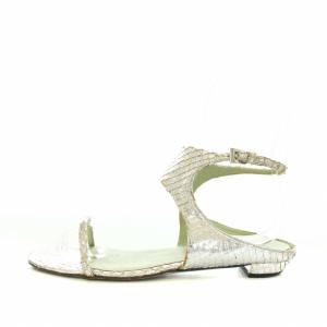 PRADA サンダル アンクルストラップ ローヒール レザー パイソン柄 35.5 21.5cm シルバー /KH