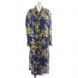 ワンピース ひざ丈 ミモレ 長袖 花柄 シルク 絹 16 XXL 青 ブルー 黄 イエロー /DK PN