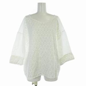 シャツ ブラウス プルオーバー カットワーク 切替 シアー Vネック 五分袖 36 S 白 ホワイト /DK