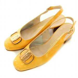 ストラップサンダル ヴァラ ラウンドトゥ チャンキーヒール ローヒール レザー ロゴ 6 黄色 イエロー