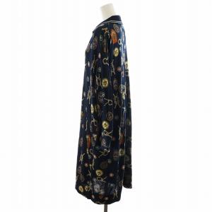 45R インディゴ超ガーゼ プリントDRESS ワンピース 長袖 ロング丈 シルク 絹 3 紺 ネイビー /AN14
