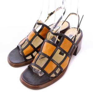 ストラップサンダル スクエアトゥ チャンキーヒール レザー 36 茶 ブラウン オレンジ 黒 ブラック