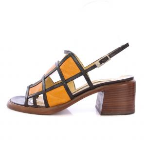 Sergio Rossi ストラップサンダル スクエアトゥ チャンキーヒール レザー 36 茶 ブラウン オレンジ 黒 ブラック