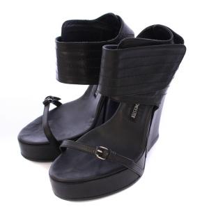 ストラップサンダル アンクル 厚底 ウェッジソール レザー 35 黒 ブラック /BB