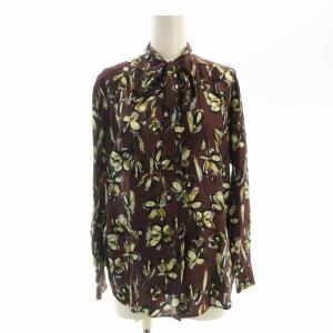 シャツ ブラウス 長袖 花柄 ボウタイ シルク 36 茶 ブラウン 13-01-94-01304 /EE