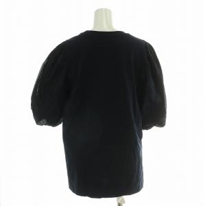 Drawer パフスリーブカットソー 五分袖 クルーネック ストレッチ 無地 F 紺 ネイビー 6517-206-0640