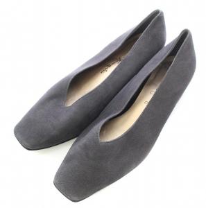パンプス スクエアトゥ チャンキーヒール ローヒール Vカット スエード 23.5cm チャコールブラック