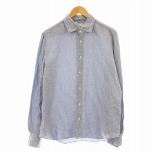 リネン混 シャツ 長袖 鹿の子 麻 コットン XL 水色 ライトブルー /G