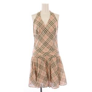 チュニック フレアワンピース ミニ丈 ホルターネック Vネック ノバチェック ウール 36 ピンク /BB
