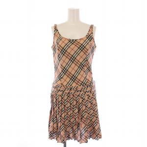 フレアワンピース プリーツ ミニ丈 ノースリーブ Uネック ノバチェック 36 ピンク /BB GY14