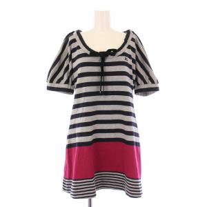 チュニック ワンピース ミニ丈 半袖 ドルマンスリーブ リボン ロゴ 刺繍 ストレッチ ボーダー柄 38