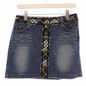 デニムスカート 台形 フレア ミニ丈 チェック柄 ウール 切替 W24 インディゴ /BB GY14