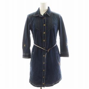 デニムワンピース 長袖 ひざ丈 金ボタン ロゴ刺繍 コットン 36 紺 ネイビー E1J60-597-29