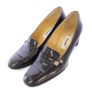 パンプス スクエアトゥ チャンキーヒール レザー ロゴ ワンポイント 36 黒 ブラック /BB GY14